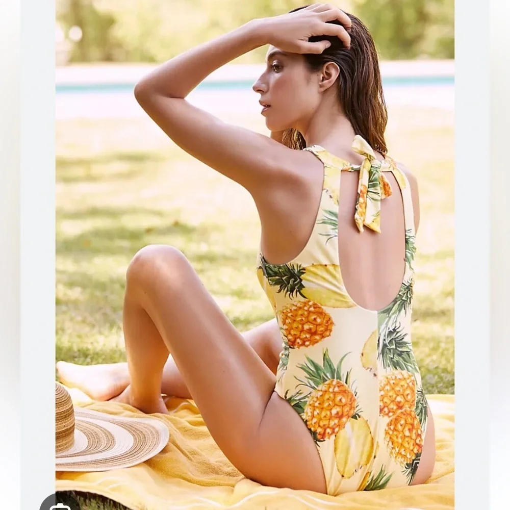 Anthropologie Pineapple Yellow and Green High Neck Swimsuit | S
